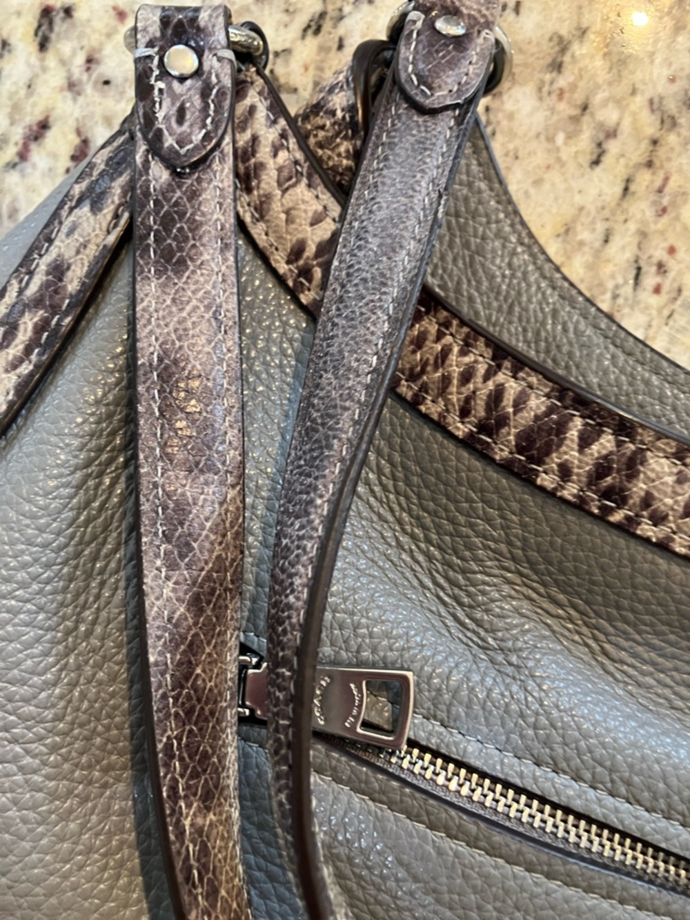 Coach Pebbled Leather Gray Hobo Shoulder Bag with Exotic Snakeskin-Embossed Trim - Picture 15 of 16